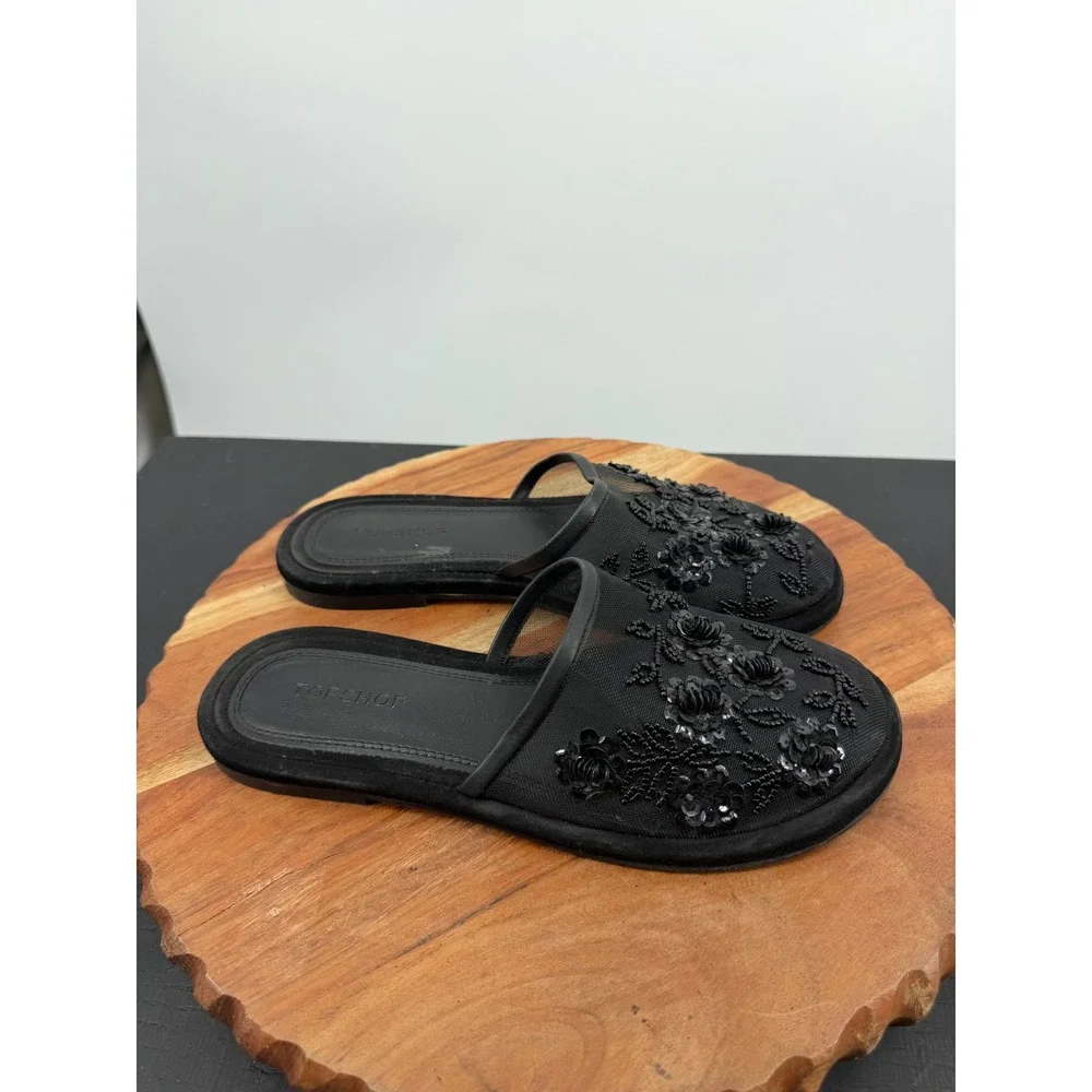 Topshop Bambi Floral Mesh Slide Sandals UK 5 US 7 Black Beaded Sequin Embellish
